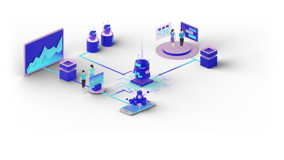 Isometric nodes related to services including strategy, building, management and education. 